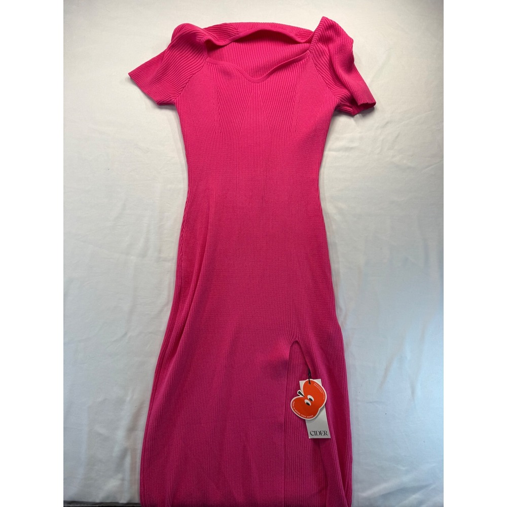 Cider Womens Ribbed Knit Maxi Dress Hot Pink Short Sleeve Side Slit NWT 1XL